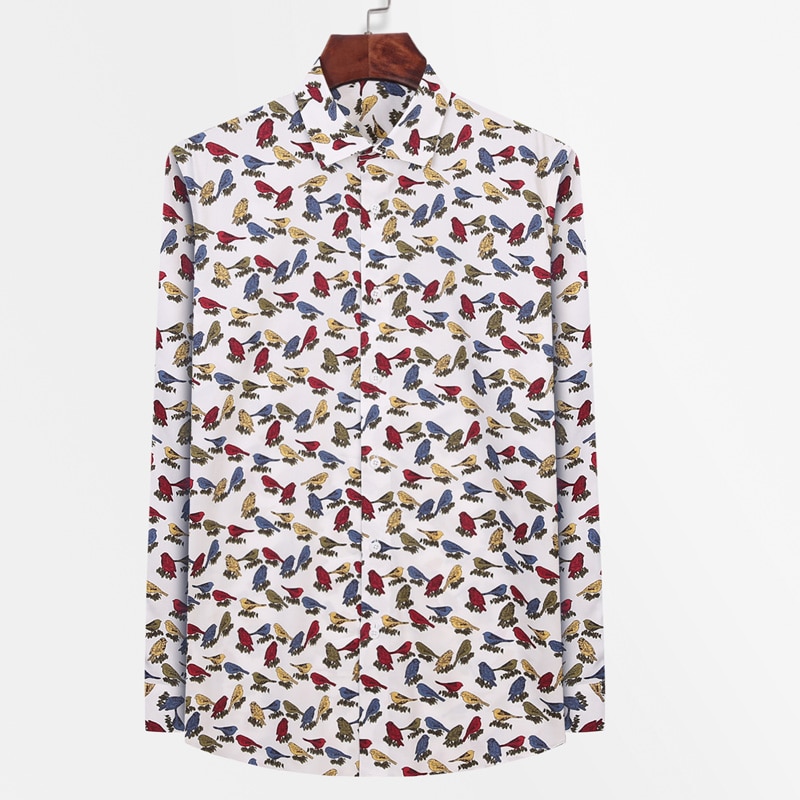 Homme Oiseau Imprimant Partout Décontracté Plage Hawaïenne Chemises Poche sans Manches Longues coupe Standard Fleurs Coton Chemise