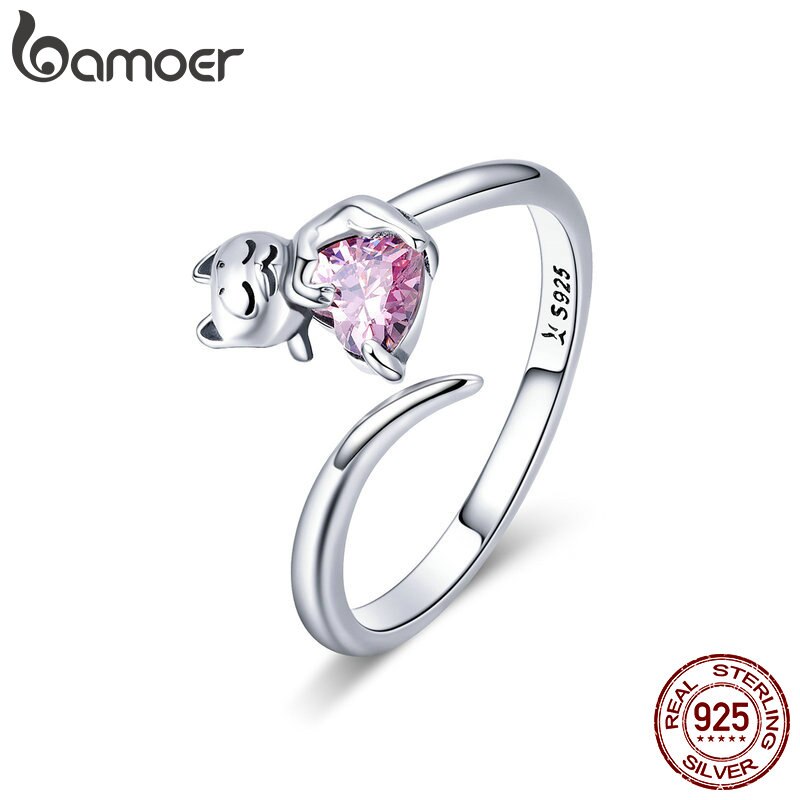 BAMOER Authentische 925 Sterling Silber Entzückende Katze Rosa CZ Einstellbare Finger Ringe für Frauen Sterling Silber Ring Schmuck SCR446