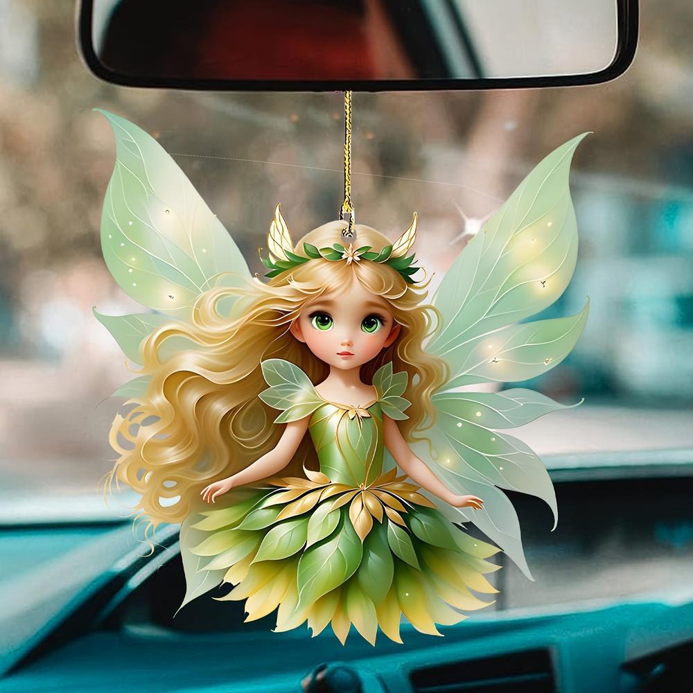 2d akrylgrønne alv-anheng blomsterfe-anheng små friske bilanheng tegneserie søt alv bil bakspeildekorasjonsanheng: Flerfarget