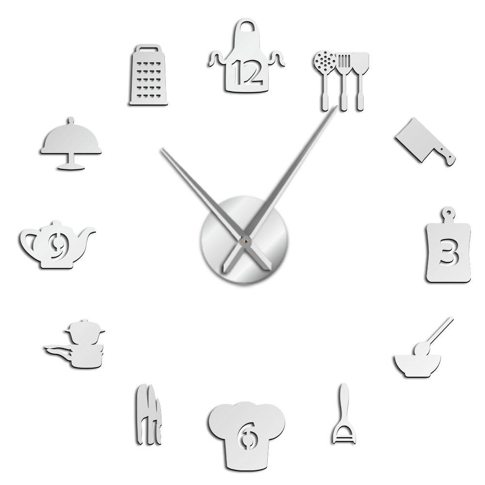 Küche Kochen Werkzeuge DIY Riesen Wanduhr Rahmenlose Große Uhren Große Küche Zauberstab Aufkleber Horologe Dekorative Für Zu Hause: Silber- / 27Zoll