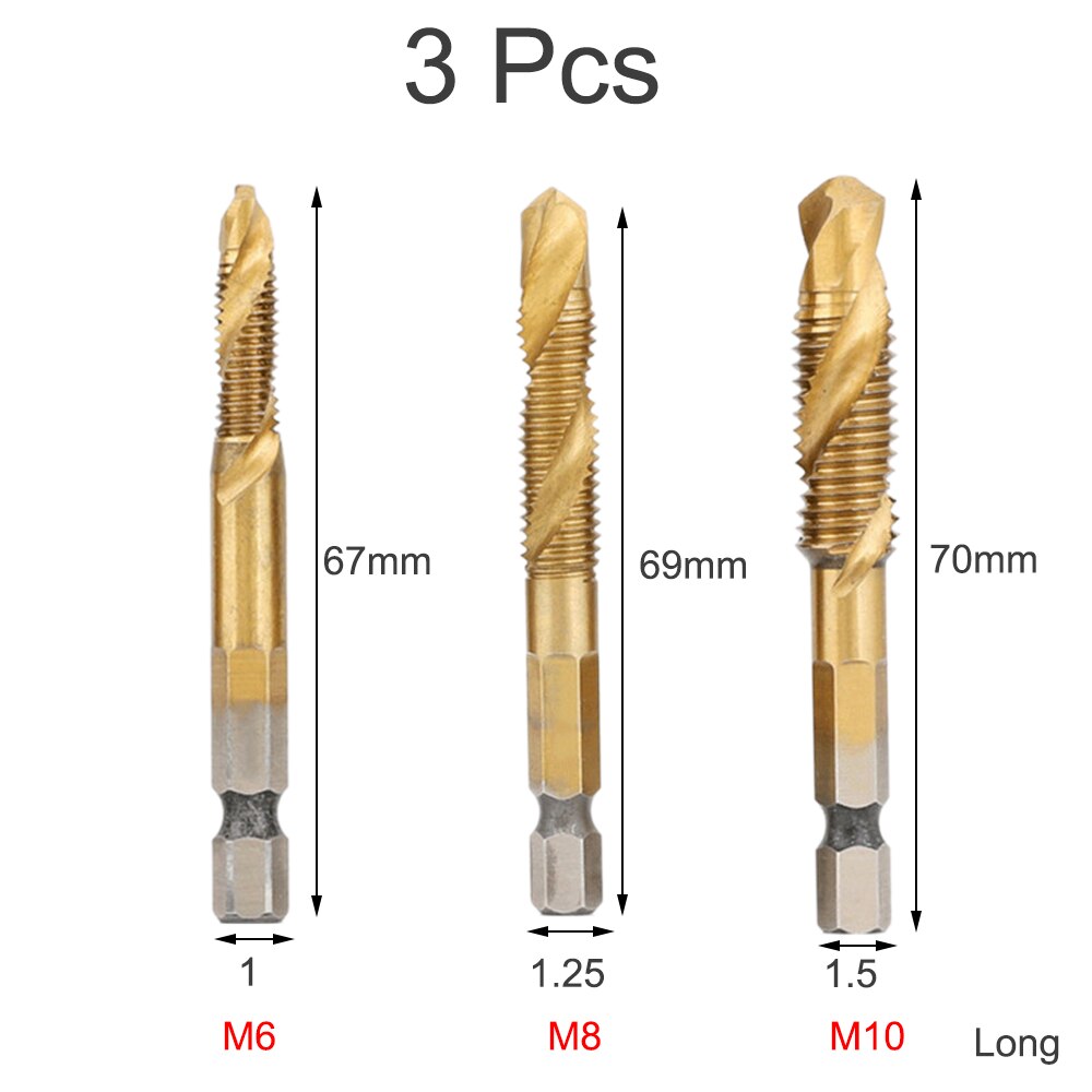 M3-M10 HSS Screw Metric Thread Tap Drill Bits Set Titanium Plated Hex Shank Screw Machine Compound High Speed Change Hand Tool: 3Pcs Long M6 M8 M10