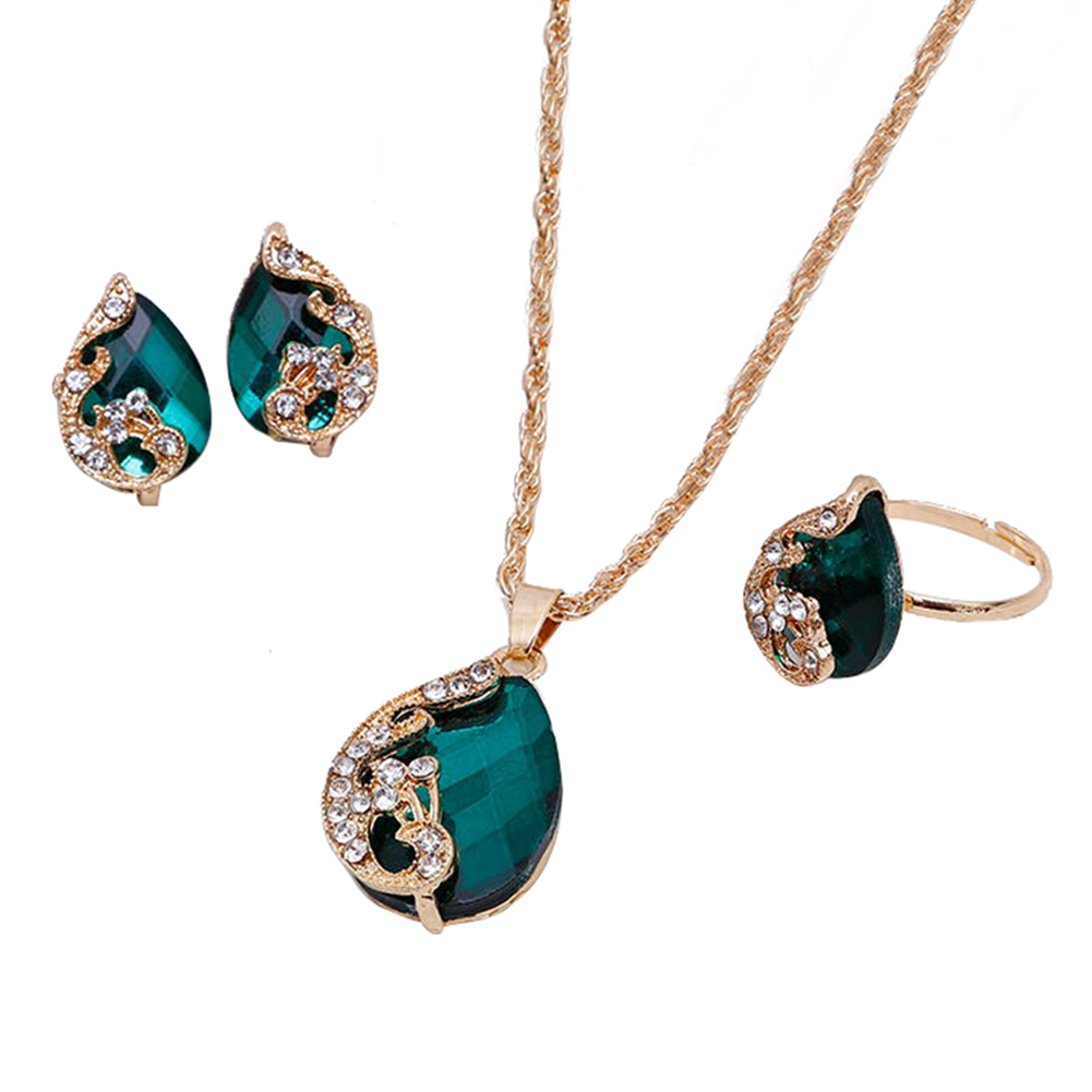 Vrouwen Sieraden Set Glanzende Water Vorm Strass Ketting Oorbellen Ring Pauw Crystal Koreaanse Sieraden Set: Green