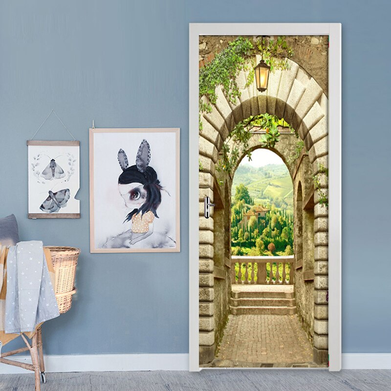 Mural adhesivo para puerta de 3d puertas con paisaje de ciudad y arco de piedra, autoadhesivo de pvc, impermeable, para sala de estar, 3d papeles pintados, calcomanías para puerta de casa, póster