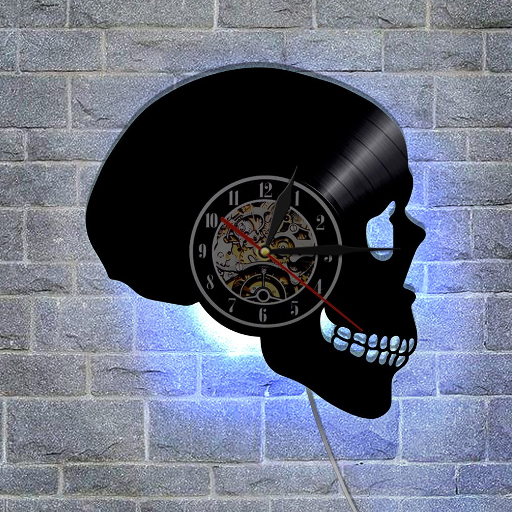 Skelet Hoofd Vinyl Record Wandklok Schedel Hoofd Silhouet Shadow Led Wandklok Batterij Operated Slaapkamer Decor Halloween