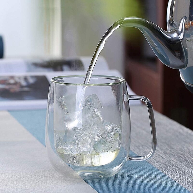 Dubbelwandige glazen koffiemokken theekopjes set  of 2,  thermisch geïsoleerd en geen condensatie met brede handgreep  (300ml)
