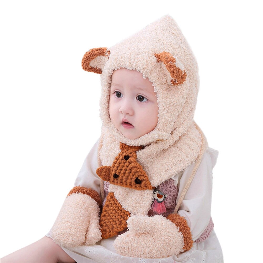 Baby Winter Gloves Toddler Girls&Boys Baby Crochet Knit Hat Beanie Cap Scarf Gloves Set Children Mittens Children hooded gloves: Beige 