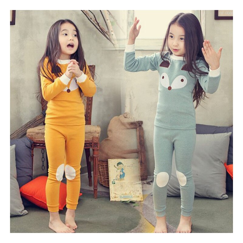 Girls 'Printing Geborduurde Vos Kinderen Nachtkleding Lange Mouwen Ronde Hals Set Kids Pyjama Cartoon Dier Nachtkleding Outfit