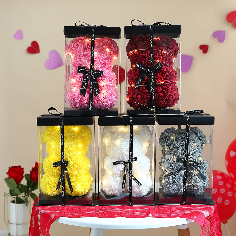 Oso de flor rosa de peluche Artificial de 25cm con caja, romántico del Día de San Valentín, suministros para de boda y aniversario para novia y mujer