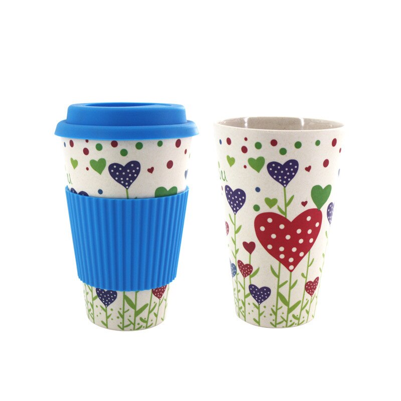 400ml Eco-Friendly Bamboo Fiber coffee mug with chinese painting reusable Anti-scalding Milk tea travel mugs and cups e: Blue