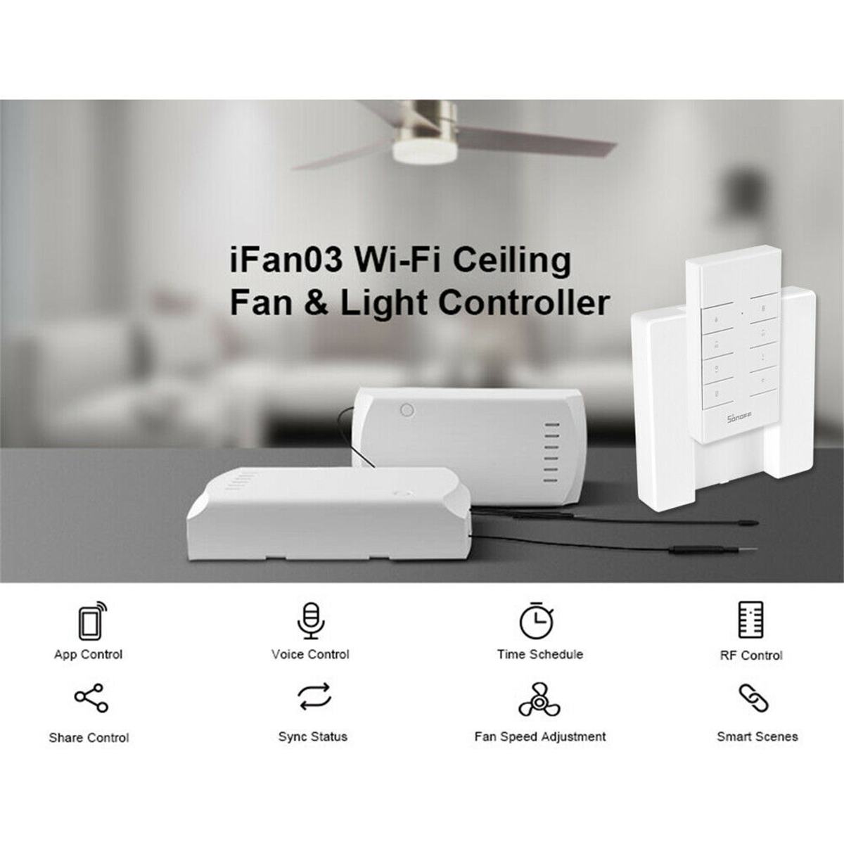 Sonoff IFan03 Wifi Plafond Ventilator Smart Home Light Controller Met RM433 Rf Afstandsbediening App Afstandsbediening On/Off controle