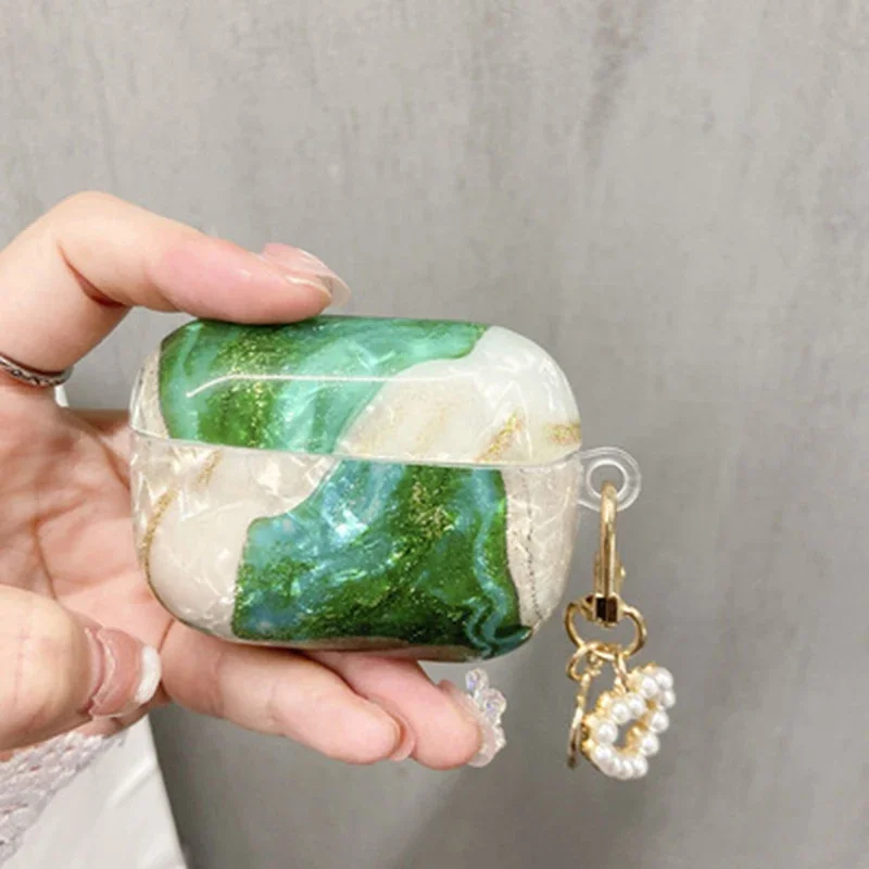 Para Apple AirPods 4 2 3 Pro funda de lujo verde Esmeralda mármol brillante funda para auriculares para AirPods 4 funda lindo corazón perla llavero: S / Marrón