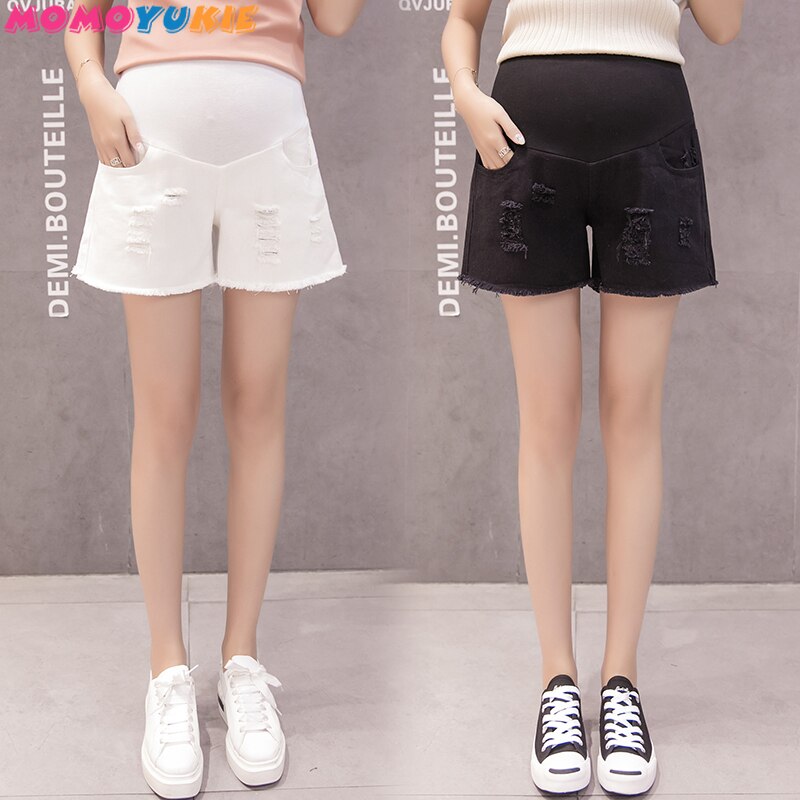 Pantalones vaqueros de maternidad para mujer, pantalones cortos de tela vaquera con cintura elástica, ropa para embarazadas, color blanco y negro