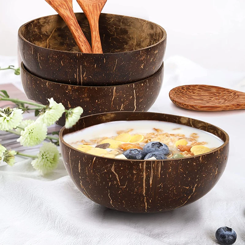 Natural Coconut Bowls For Serving Dishes Wooden Reusable Bowl Utensils Wood Spoon Natural Coconut Shell Bowls Kitchen Dinner Set