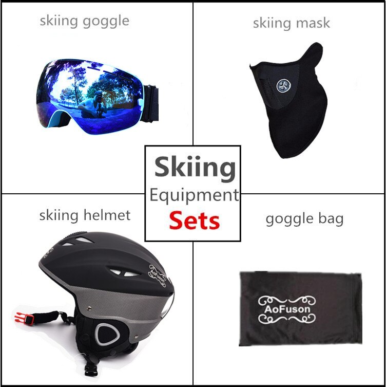 Ski Apparatuur Set Helm Met Goggle Veiligheid Integraal Gevormde Plus Size Plus Fluwelen Helm Dubbele Lagen Anti-Fog bril: Blue Frame / 56cm-59cm