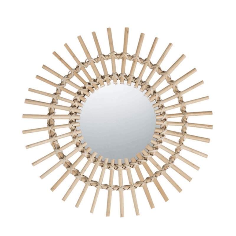 Sun Shape Decorative Mirror Rattan Innovative Art Decoration Round Makeup Mirror Dressing Bathroom Wall Hanging Mirror: 8