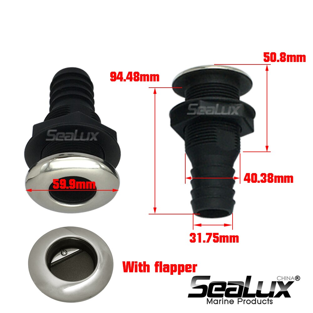 Sealux Straight Thru Hull with Stainless Steel 316 Cover with or without Flapper Nylon Plastic for Yacht Boat Marine