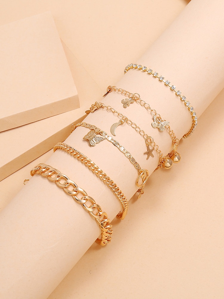 Sindlan 6pz Boho Oro di Cristallo Bracciali Cavigliere per Le Donne Esagerazione Catena di Collegamento con liscio Farfalla stella Delle Ragazze Dei Monili Del Piede