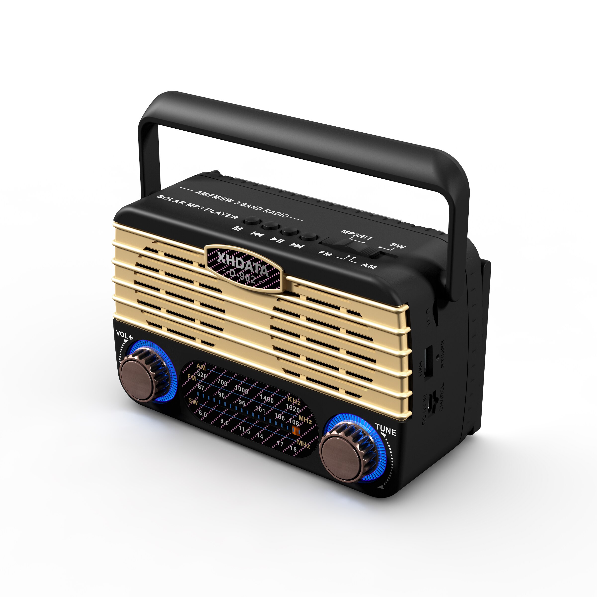 XHDATA – Radio Portable D-902 AM FM SW, compatible Bluetooth, Radio solaire rétro, récepteur USB carte TF, lecteur MP3 de musique stéréo