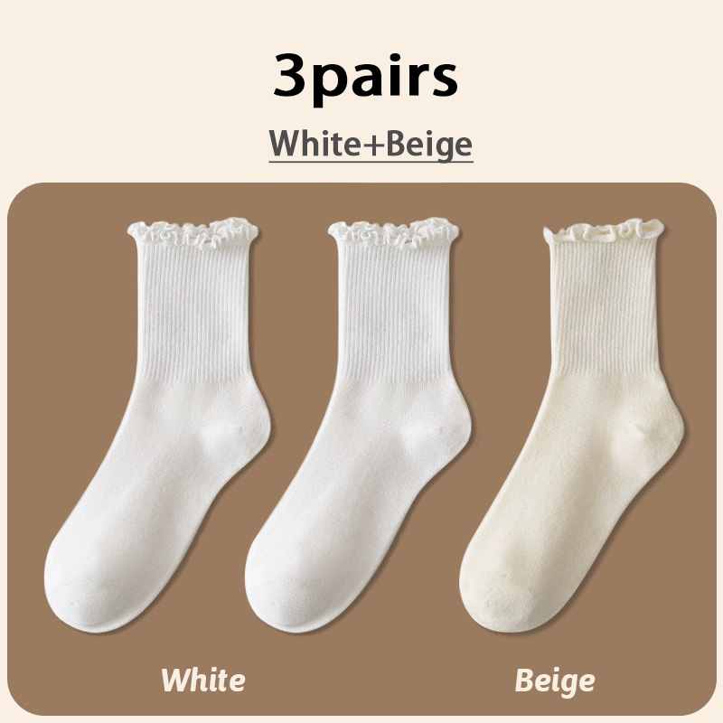 Calcetines con volantes para mujer, 3 par/lote, tubo medio hasta el tobillo, Calcetines blancos y negros transpirables, Calcetines femeninos para primavera y otoño: Oro