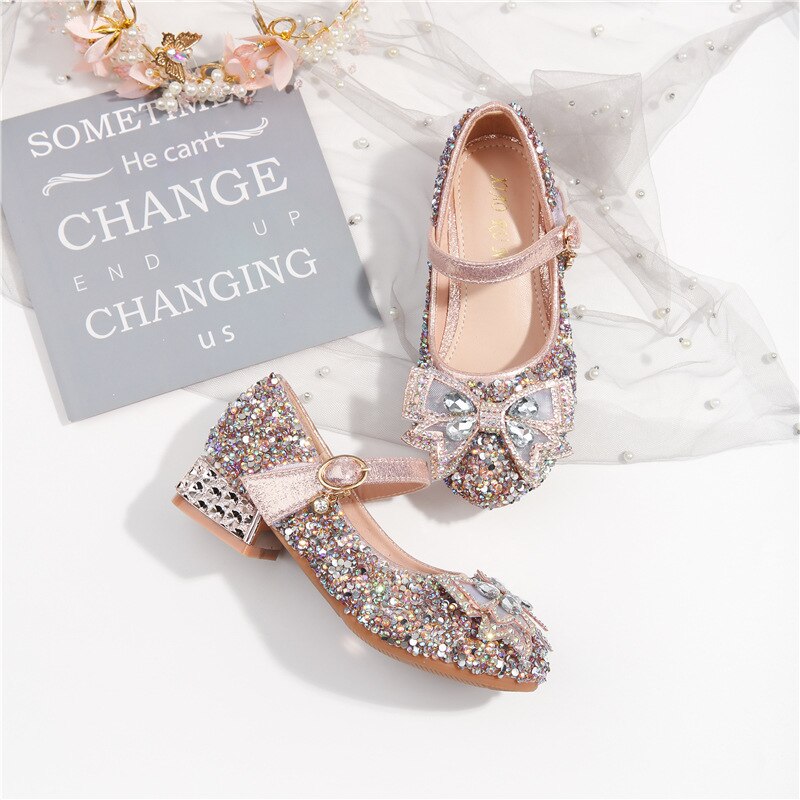 Girls high heel party shoes kids pink rhinestone single shoes fall kid's bow silever princess contracted high heels
