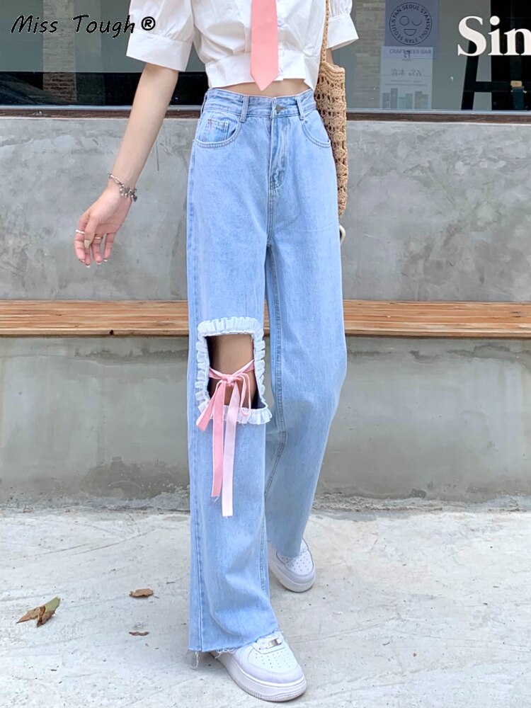 Blue Korean Style Kawaii Sweet Jeans Women Japanese High Waist Casual Cute Jeans Female Bow Bandage Wide-legged Pants Summer
