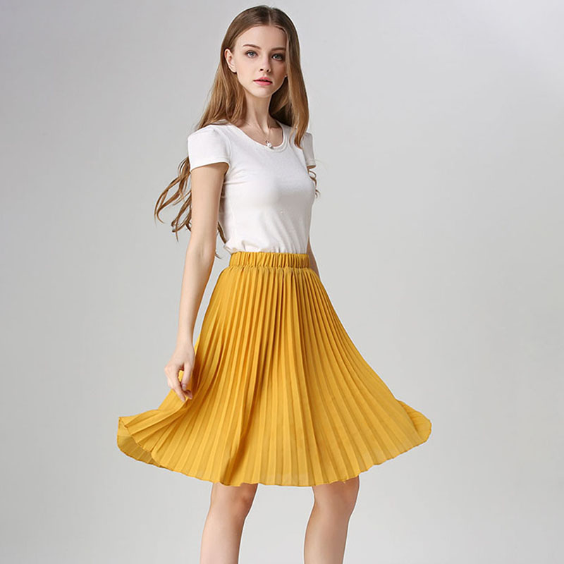 Falda plisada de gasa para mujer, faldas tutú Vintage de cintura alta, Saia Midi Rokken para mujer, falda Jupe de estilo veraniego 2024: YELLOW