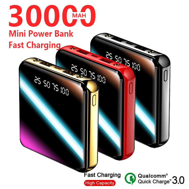 Square Power Bank 30000mAh Mobile Phone Fast Charger External Battery 2USB LED Lighting Outdoor Travel Charger for Smartphones