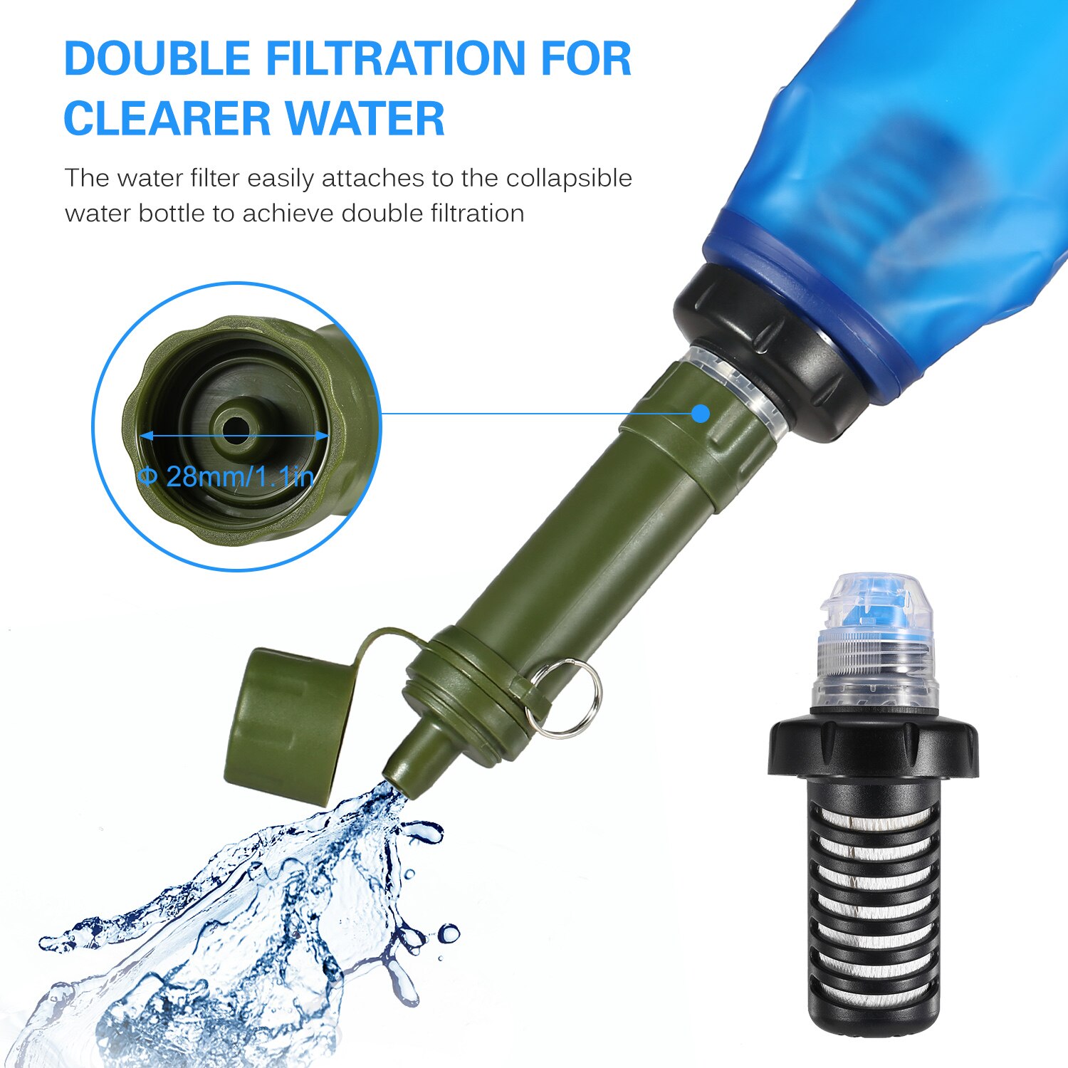 600ml Soft TPU Collapsible Water Filter Bottle with Water Filter Straw BPA Free Outdoor Filtered Water Bag for Camping Cycling