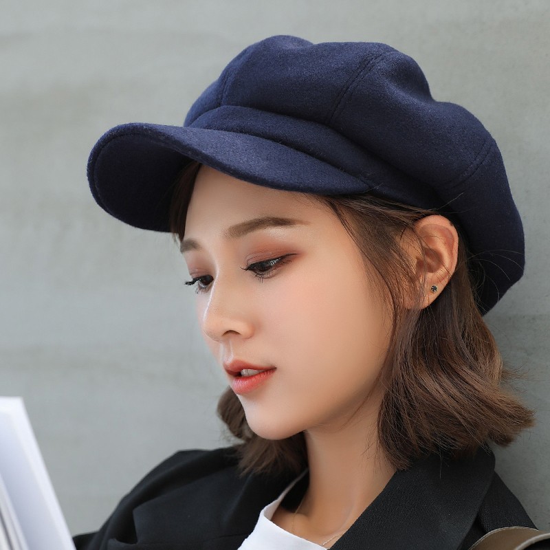 thumbnail image 2 of Cotton Letter Octagonal Forward Peaked Cap Autumn Winter Berets Hats 2 of 11