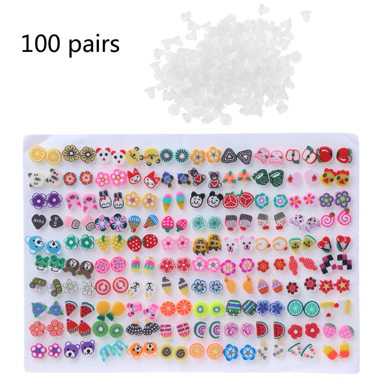 100 Pairs Assorted Styles Polymer Clay Hypoallergenic Stud Earrings Lot for Kids: set 4