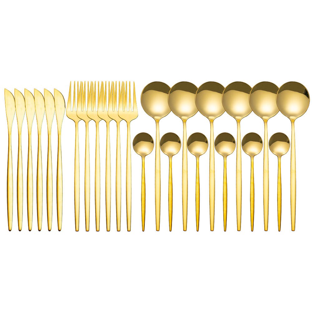 24Pcs Bestek Set Keukengereedschap Diner Servies Servies Set Roestvrij Stalen Mes Vork Lepel Gouden Zilveren Bestek Set: Gold