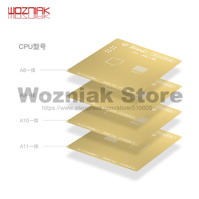 QIANLI IOS Golden 3D Steel Mesh NAND baseband IC/CPU A8 A9 A10 A11 3D BGA Reballing Stencil for IPHONE 6 6S 7 7P 8P T0.12 net