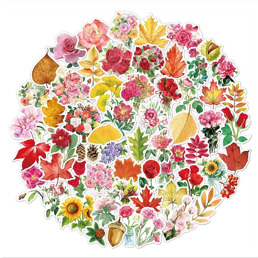 50/100PCS Flowers Leaves Stickers Aesthetic Floral Fall Leaf Plant Waterproof Vinyl Stickers for Scrapbooking Laptop Hydroflasks: 100PC Flowers Leaves