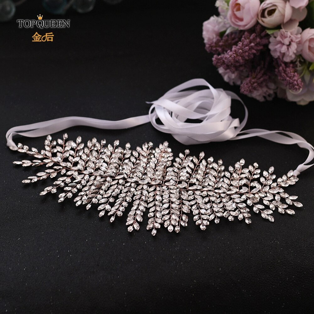 TOPQUEEN Rose Gold Jeweled Belt Wedding Dress Belt Rhinestone Belts for Women Formal Belt for Women Dresses Bridal Sash SH238-RG: White ribbon