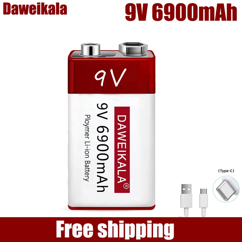 9V 6900mah batterie rechargeable lithium-ion type-c USB multimètre lithium microphone détecteur de métaux + câble