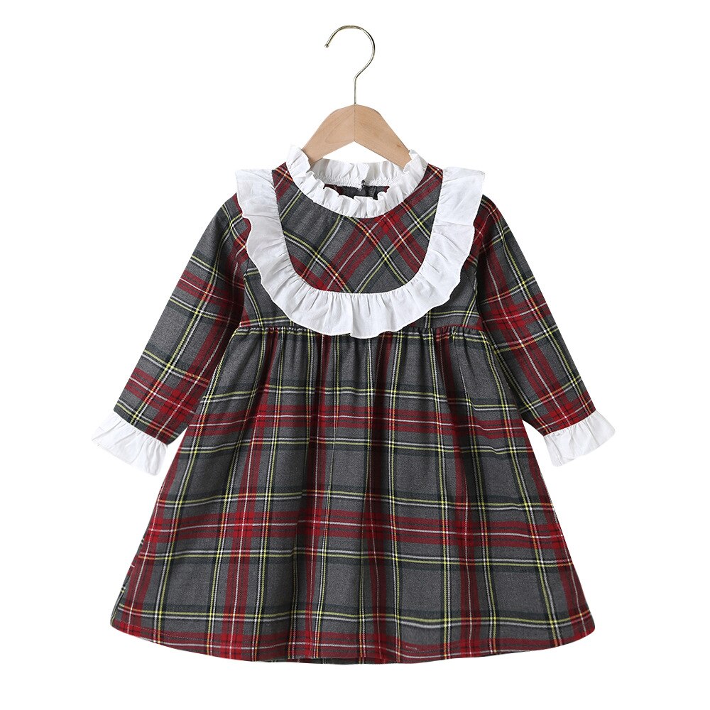 Wintermeisjesjurk meisjes schattige jurk lange mouw wit kant rood groen geruit schattig jurkje vestidos 18m-6t