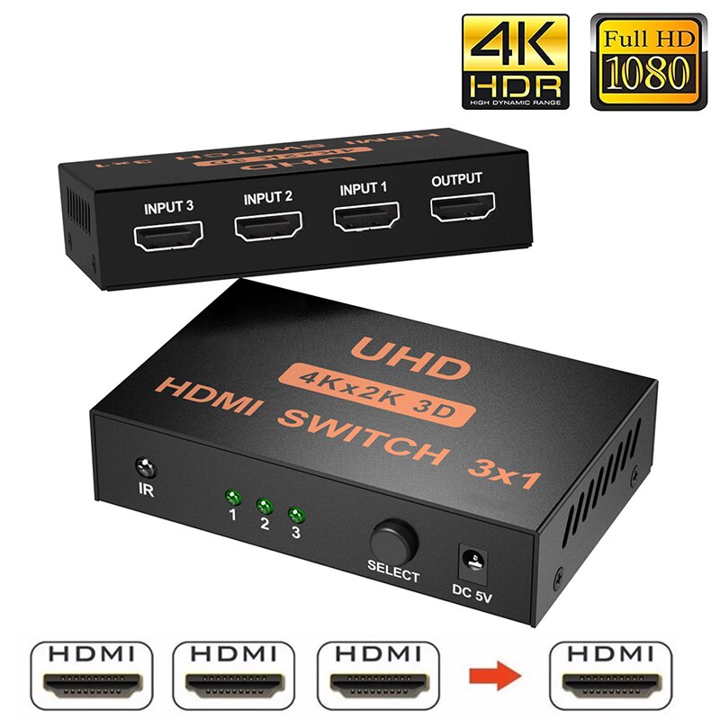 4K 2K 3x1 HDMI Cable Splitter HD 1080P Video Switcher Adapter 3 Input 1 Output Port HDMI Hub for Xbox DVD HDTV PC Laptop TV