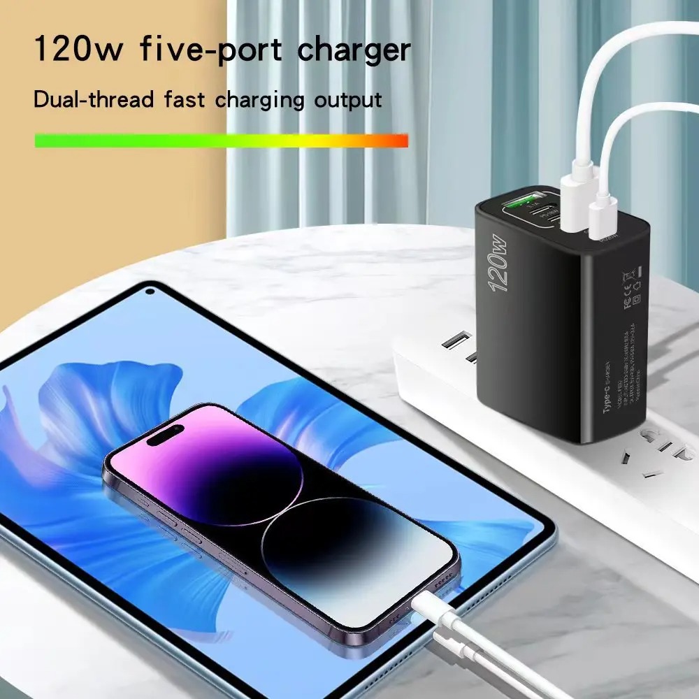 120W 5 Port USB Charger Type C QC 3.0 Fast Charging Mobile Phone Wall Adapter EU/US/UK Plug for iPhone 15 Samsung Xiaomi Huawei
