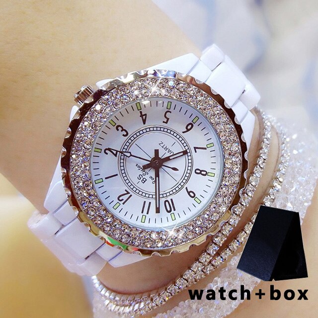 Bs Ceramic Watch Women Famous Brand Dress Female Wristwatch White Women Wrist Watches Rhinestone Clock: white-add-box