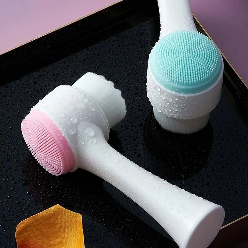 3D bilateraler Silikon-Gesichtsreiniger, manuelle Massage-Gesichtsbürste, weiche Borsten, doppelseitige Silikon-Gesichtsbürste