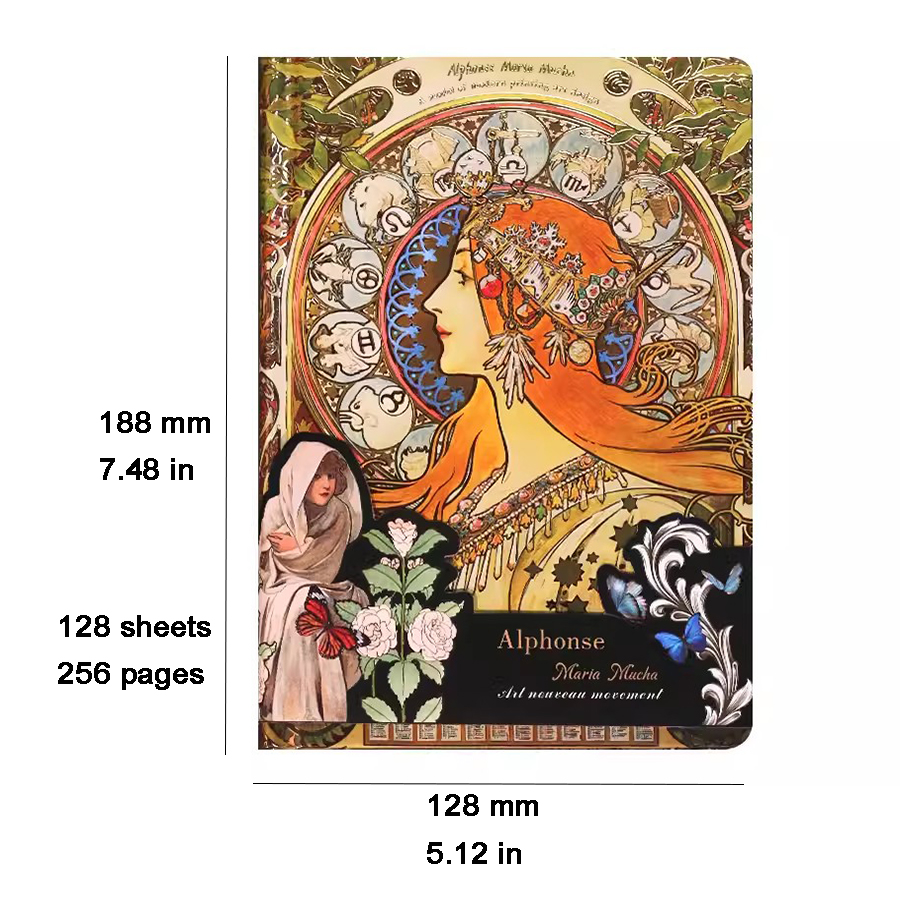 Mucha's Famous Painting Series Retro Hardcover Notebooks Classic Color Page Illustration B6 Diary Student Notepad