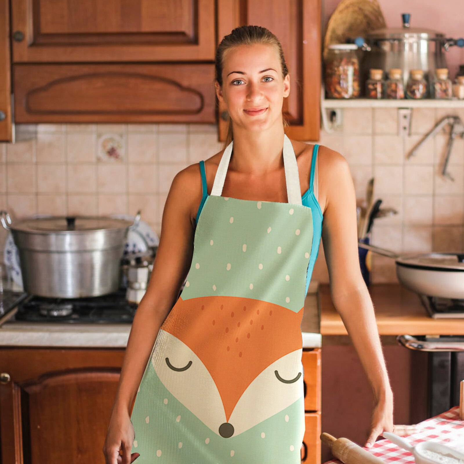 1Pcs Kitchen Cooking Apron Kitchen Lovely Cartoons Printed Home Sleeveless Cotton Linen Aprons for Men Women Baking Accessories: L
