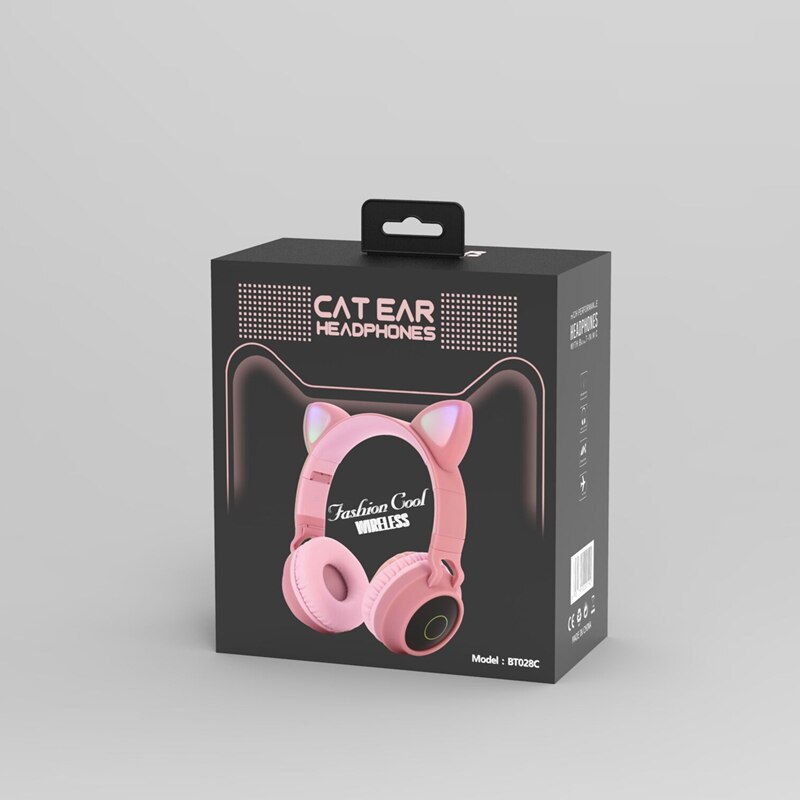 Dosmix LED Cat Ear Noise Cancelling Headphones Bluetooth 5.0 Kids Headset Support TF Card 3.5mm Plug With Microphone: Pink with retail box