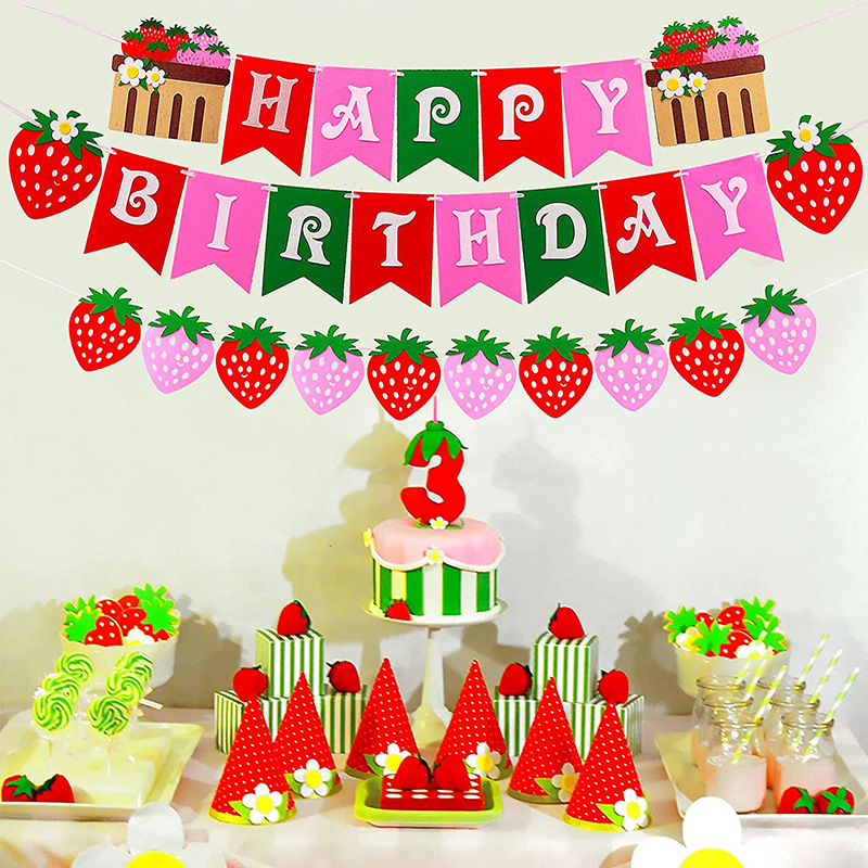 Strawberry Theme Birthday Banner Garland - DIY Glitter Paper Sign For Baby Girl 1st, 2nd, 3rd Birthday Party