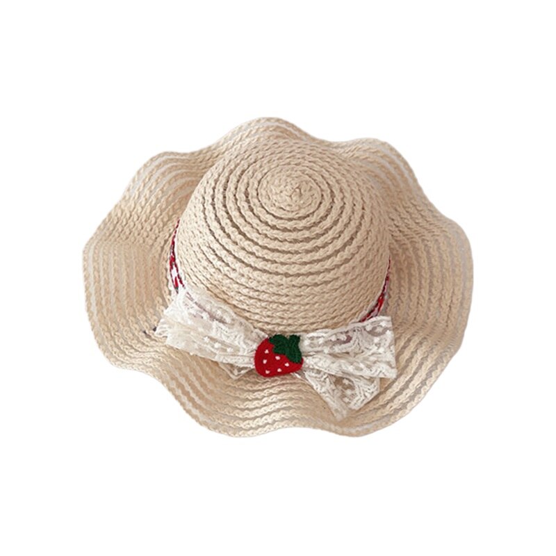 Kids Girls Boater Straw Hat Outdoor Wide Brim Seaside Summer Beach Flat Top Sun Caps Strawberry Bowknot Panama Straw Cap: Beige