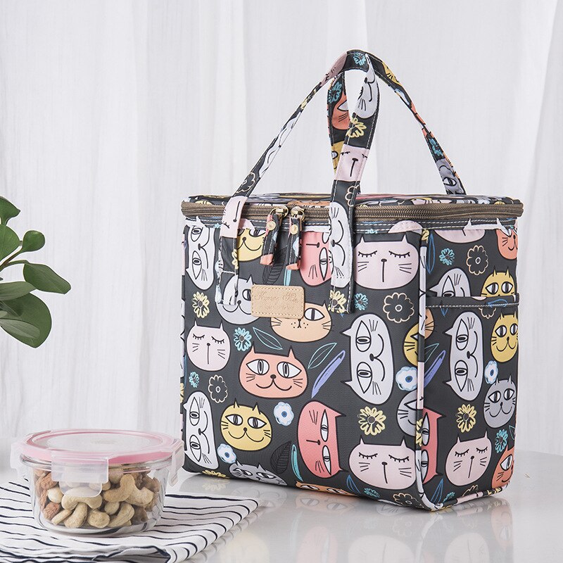 Lunch Box Portable Insulated Canvas Lunch Bag Thermal Food Picnic Lunch Bags For Women Kids: cat