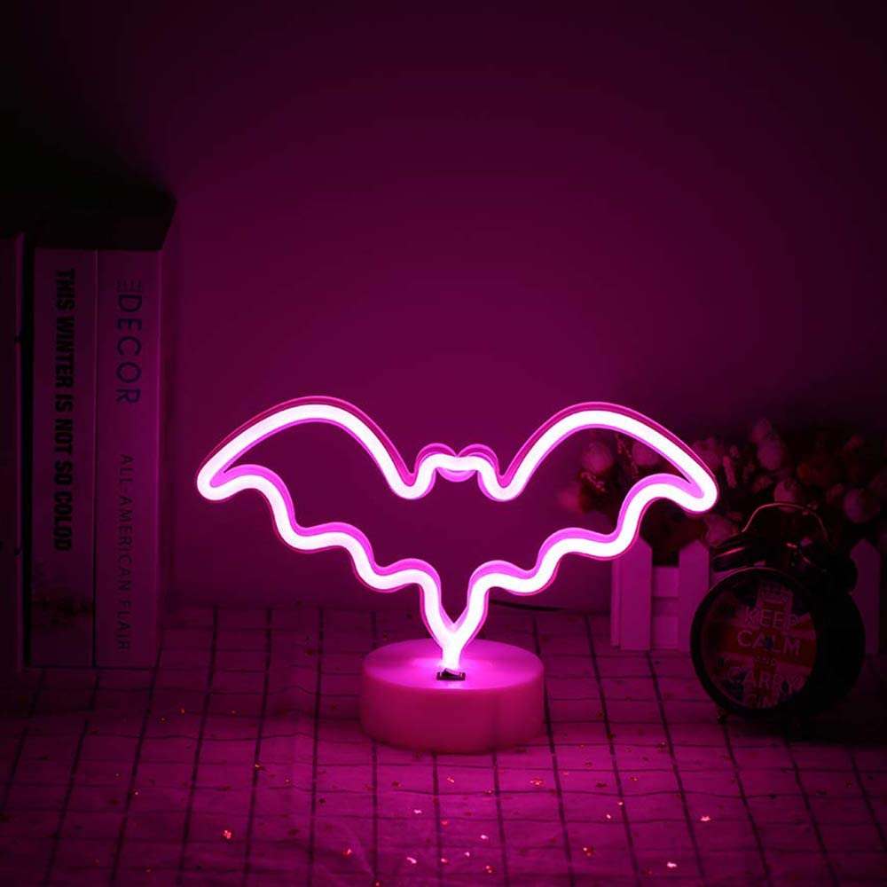 Led Neon Vleermuis Lichten Vleermuis Vorm Neon Borden Night Lights Desk Tafellamp Voor Slaapkamer Bar Muur Halloween Decor Met houder Base