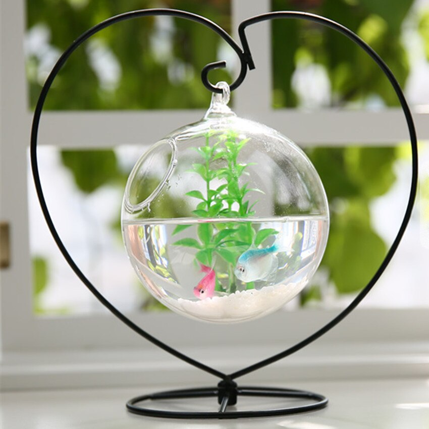 Mini Desktop Fish Tank Ornament Hanging Display Rack Aquarium Plant Pot With Metal Stand Home Decor Garden Supplies