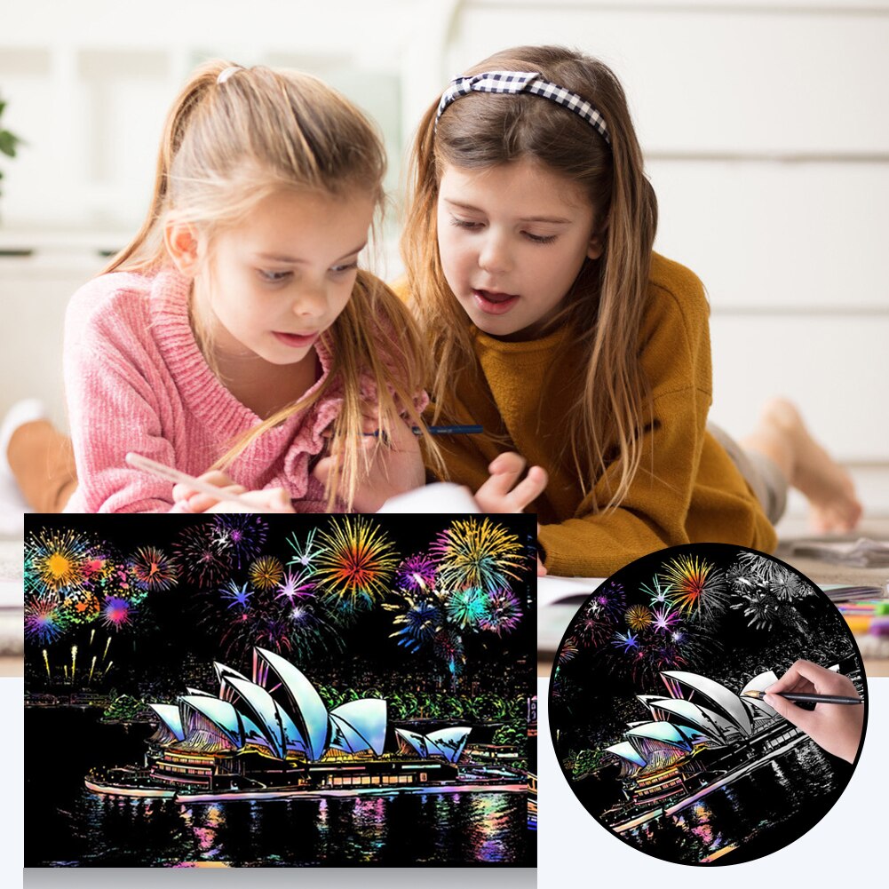 75 * 52Cm World Scenery City Scratch Art Painting Early Education Graffiti Drawing Adult Decompression Hand-Made Diy Scraping