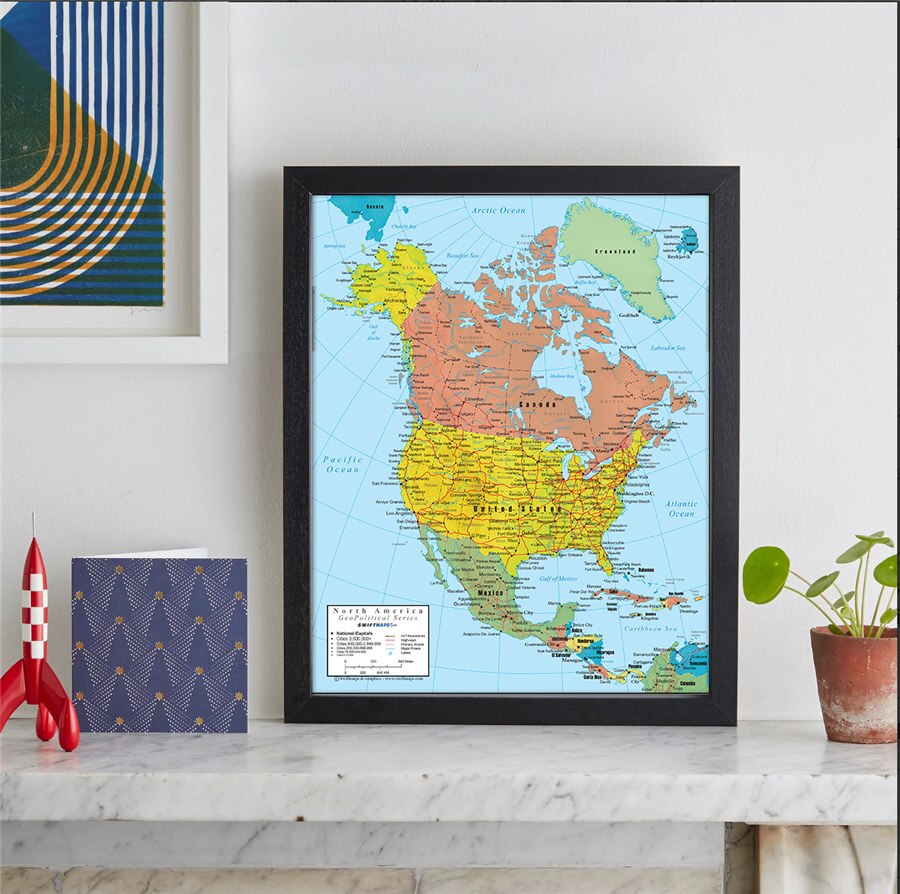North America Geo Political Map Delicate Texture Print Poster Learning Education Antique Bar Pub Cafe Home Decor Wall Sticker